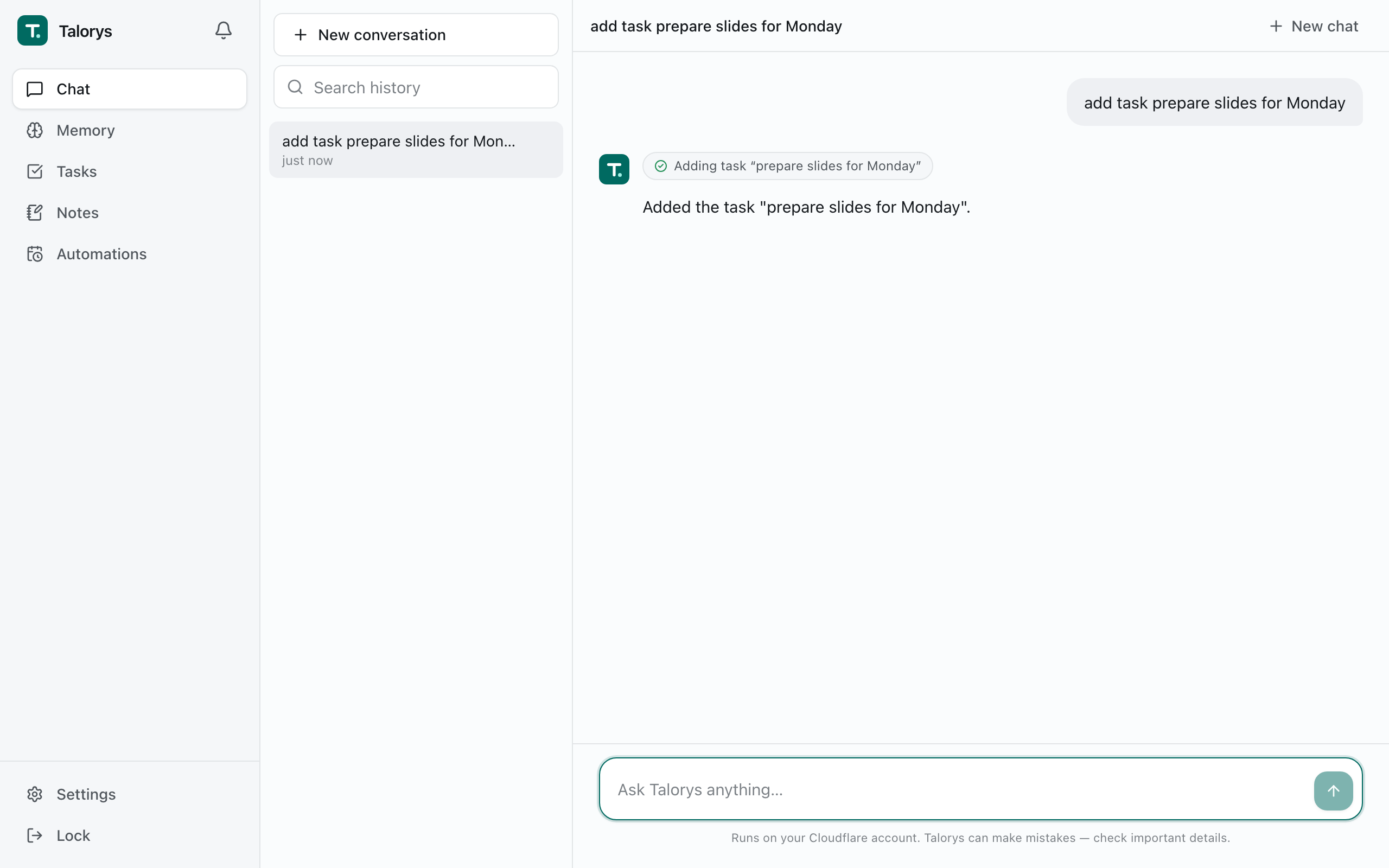 Talorys chat with tool activity